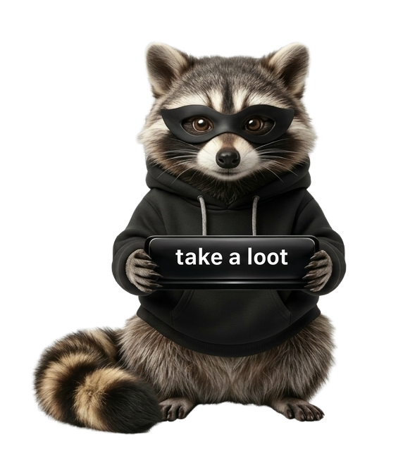 Loot raccoon mascot holding a 'take a loot' button